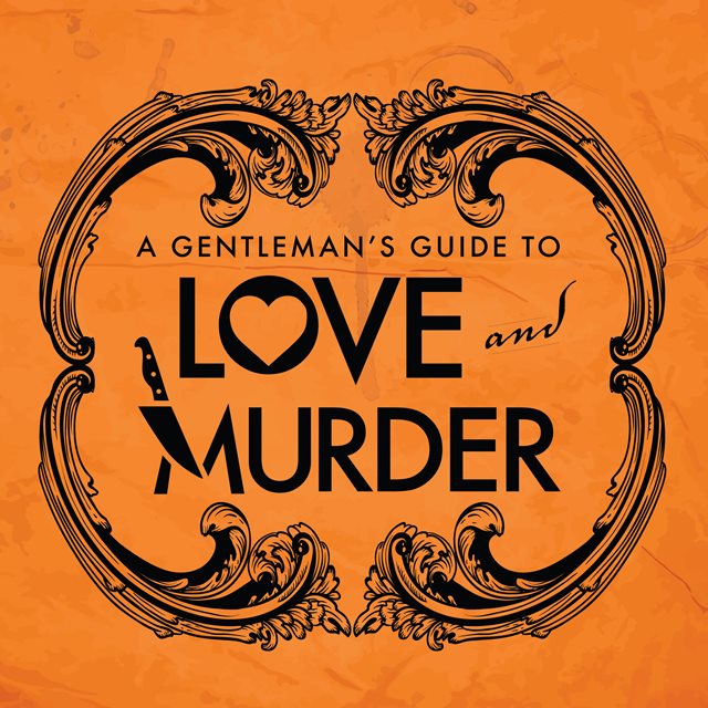 The title, "A Gentelman's Guide to Love and Murder," in black lettering in front of an orange background framed by a fancy design. The "o" in the word is Love is a heart and one of the lines in "m" for murder is a knife.