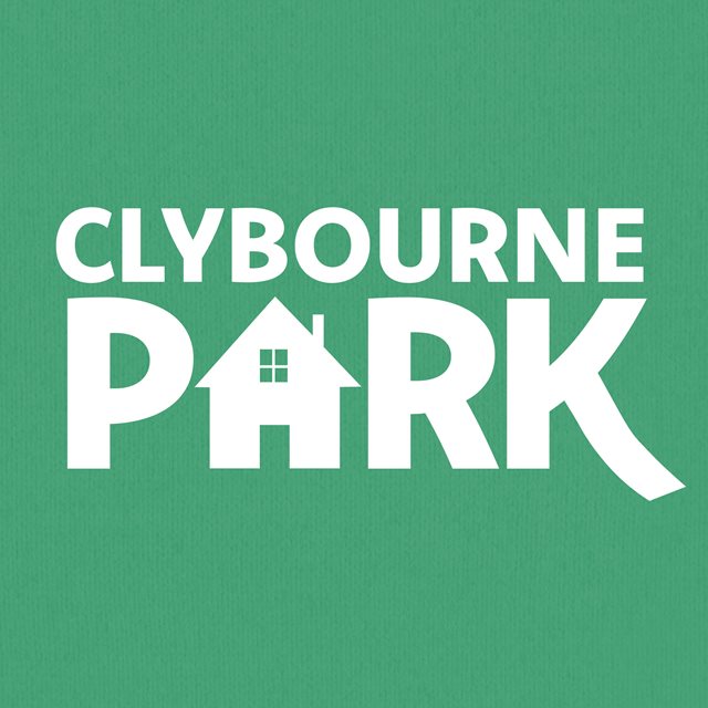The title, "Clybourne Park," is written in white lettering in front of a teal green background. The "A" in the word, "Park," is a house.